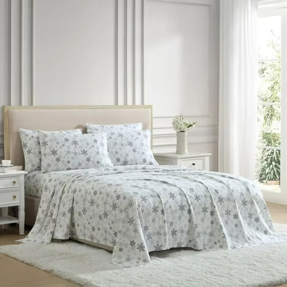 Lenox 6 Piece Flannel Sheet Set Queen Snow Day White Grey Snowflake 100% Cotton